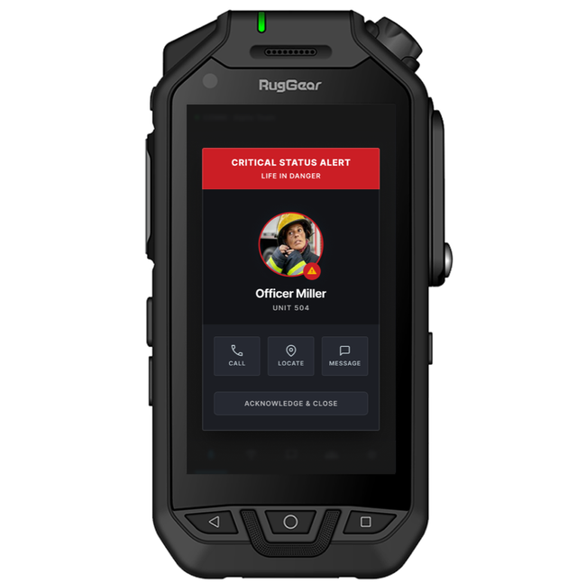 Handset showing a red critical status alert for Officer Miller with call, locate and message actions.