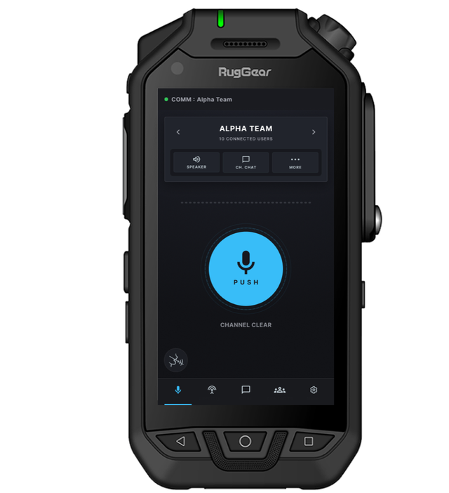 Rugged handset showing the push-to-talk home screen for Alpha Team with a large PUSH button.