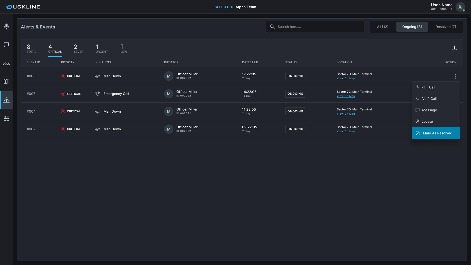 Alerts and events filtered to critical rows, with a row action menu open showing PTT call, VoIP call, message, locate and mark as resolved.