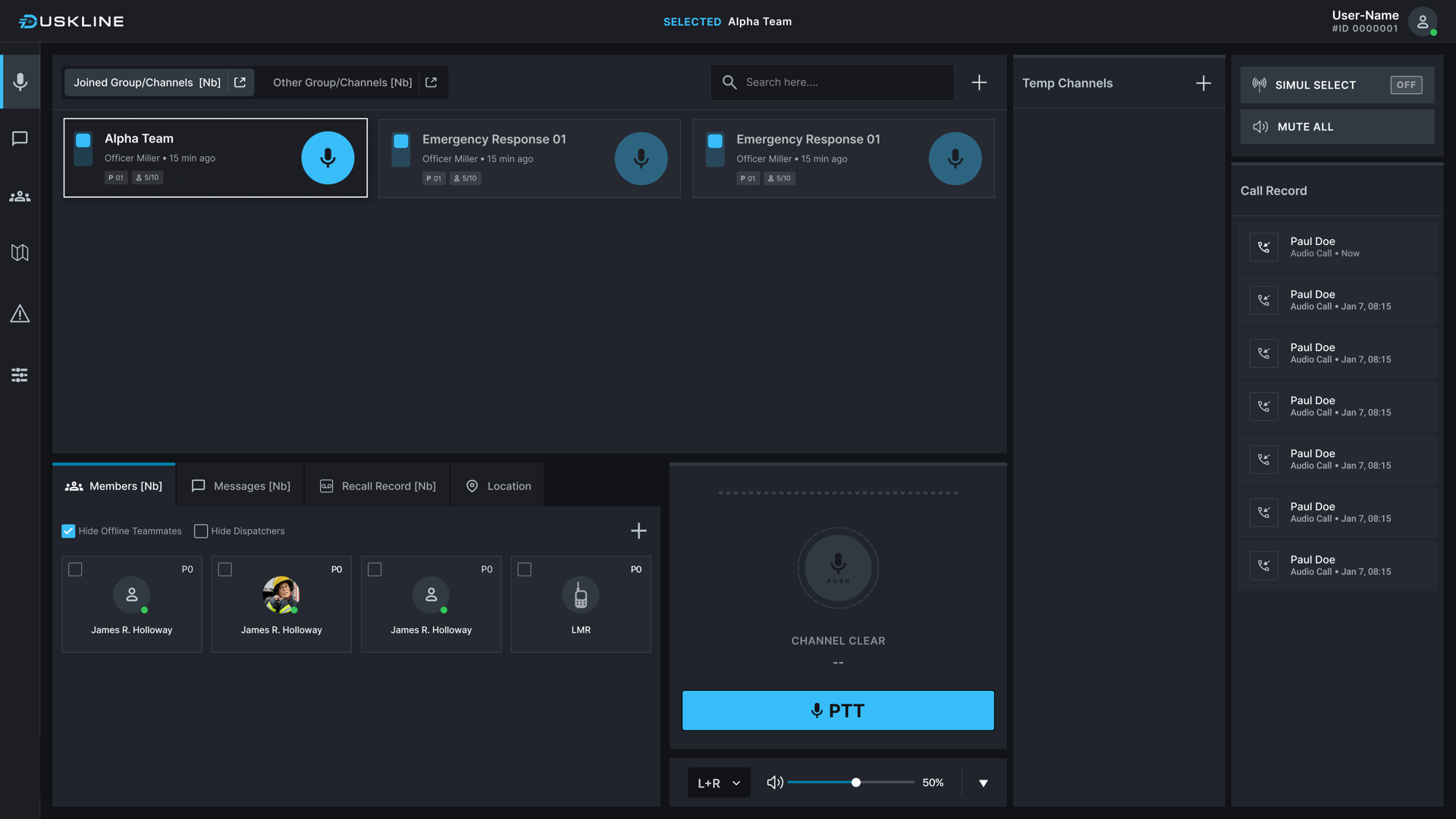 The DuskLine dispatch console: joined channels across the top, a member roster and message tabs below, a push-to-talk panel in the centre and a call record on the right.