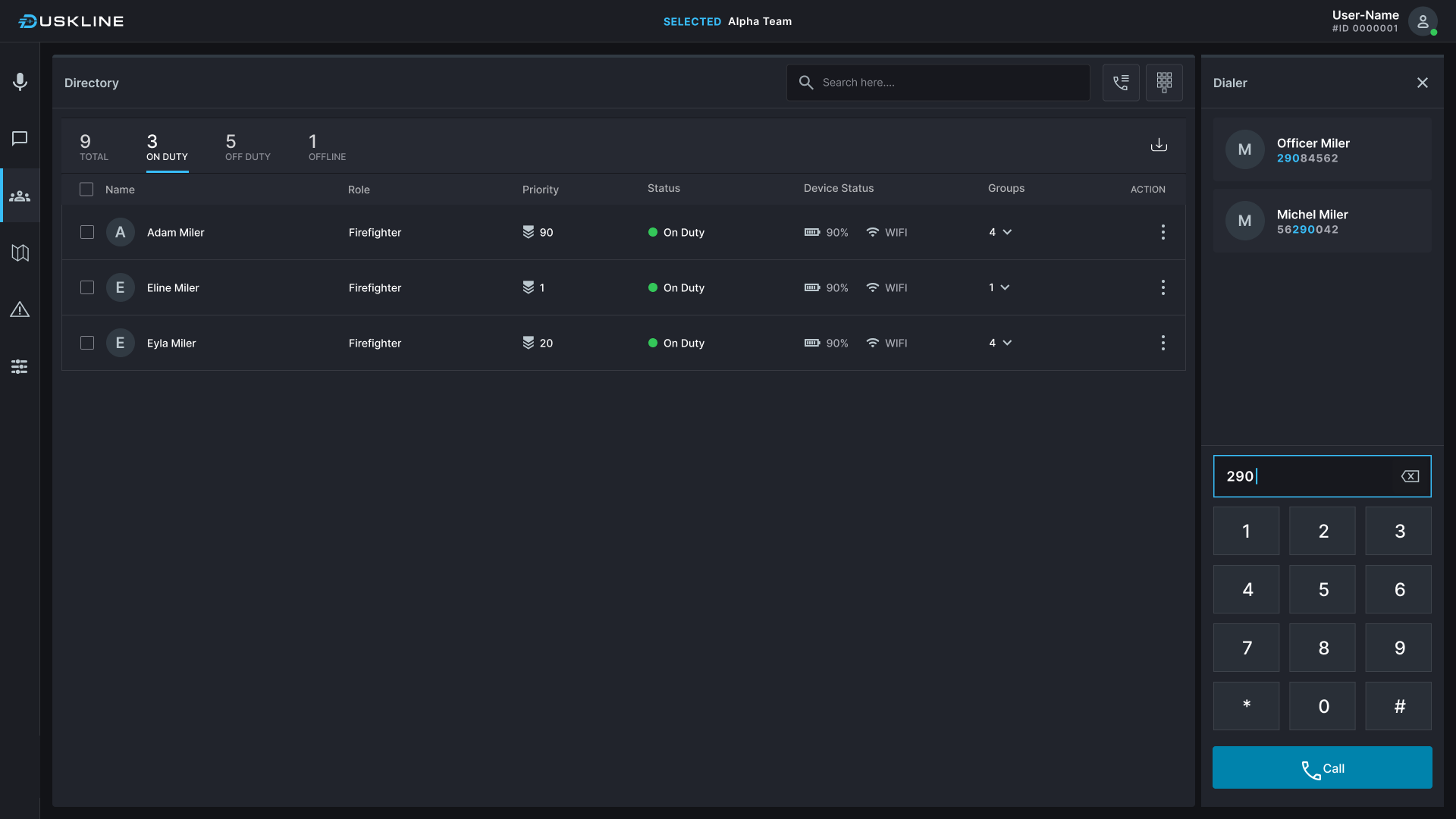 Directory view with the dialer keypad open.