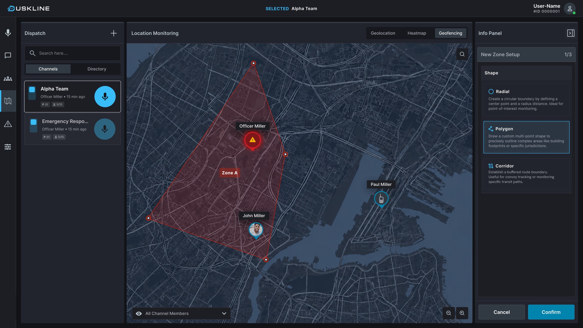 Creating a new polygon geofence named Zone A, with shape options for radial, polygon and corridor in the info panel.