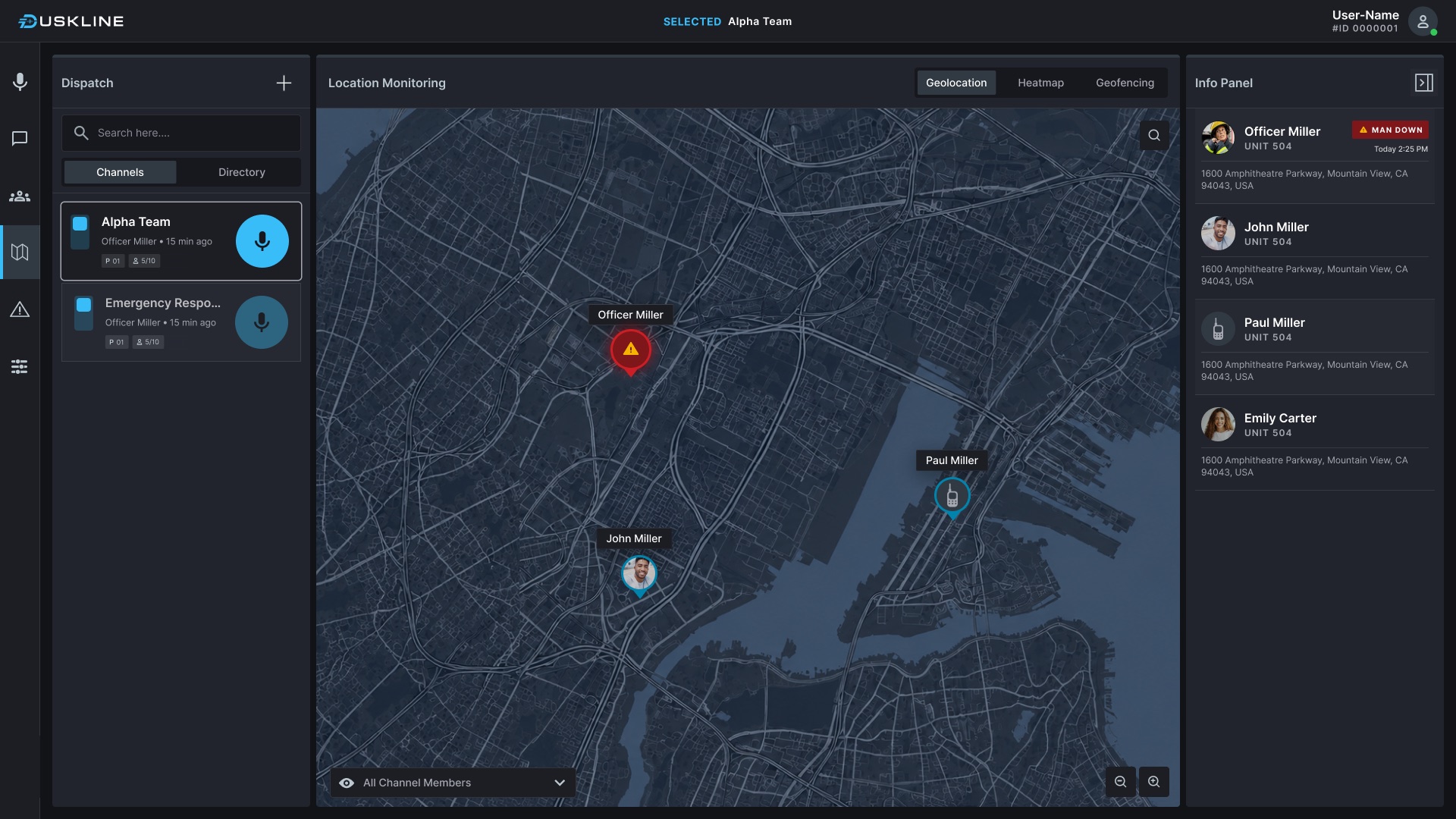 Map view with live member markers; Officer Miller's marker is red and flagged man down, with addresses listed in the info panel.