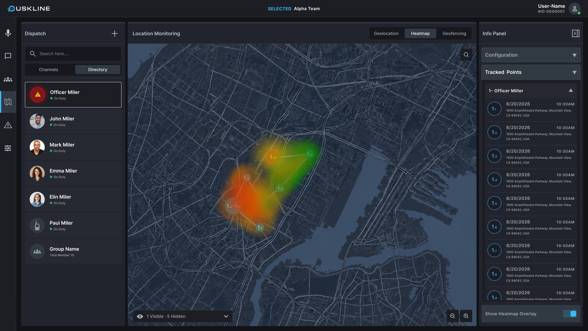 Map with a heatmap overlay showing time spent across a district, and a timestamped list of tracked points in the info panel.