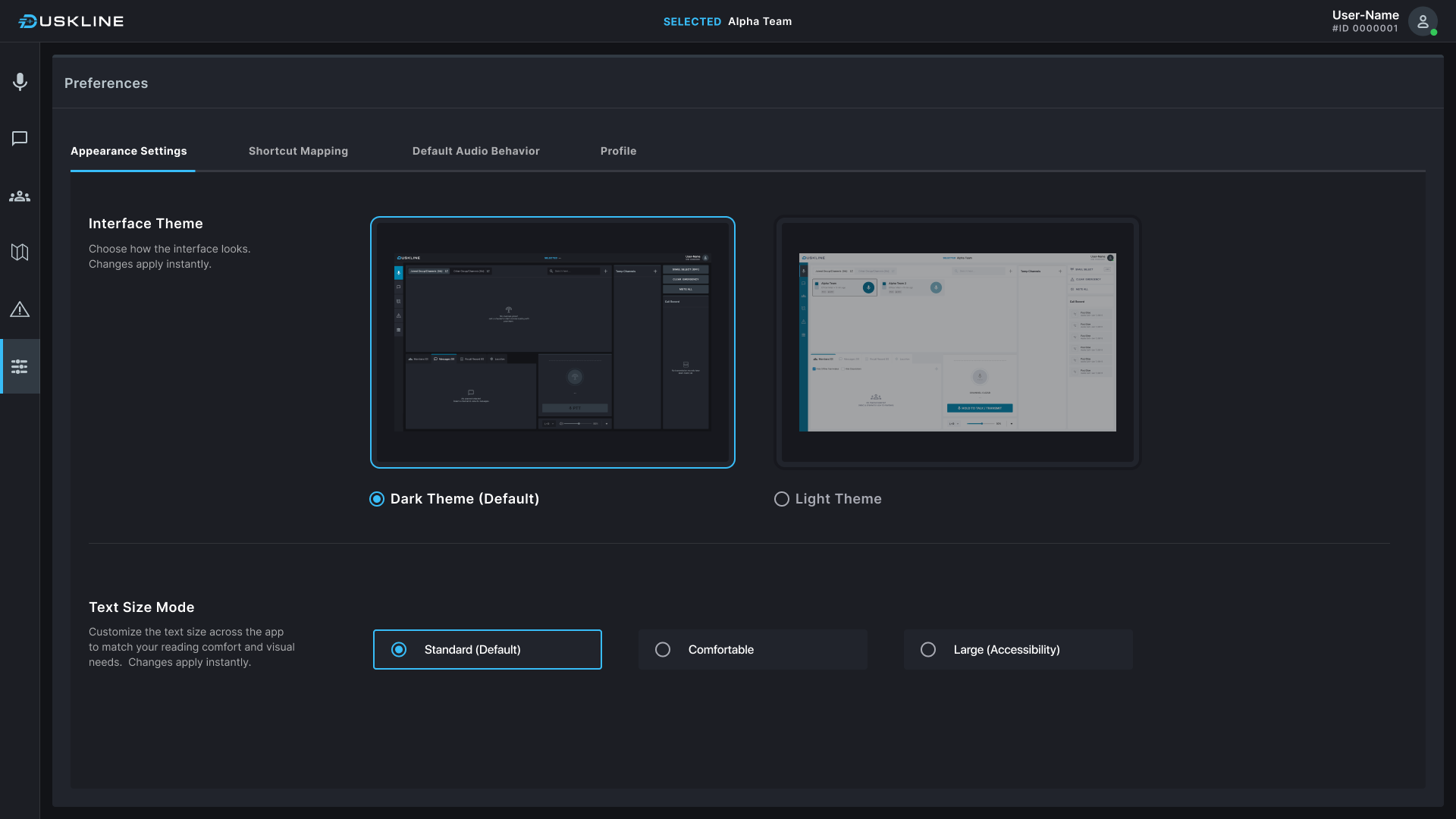 Appearance preferences showing a dark and a light interface theme side by side.