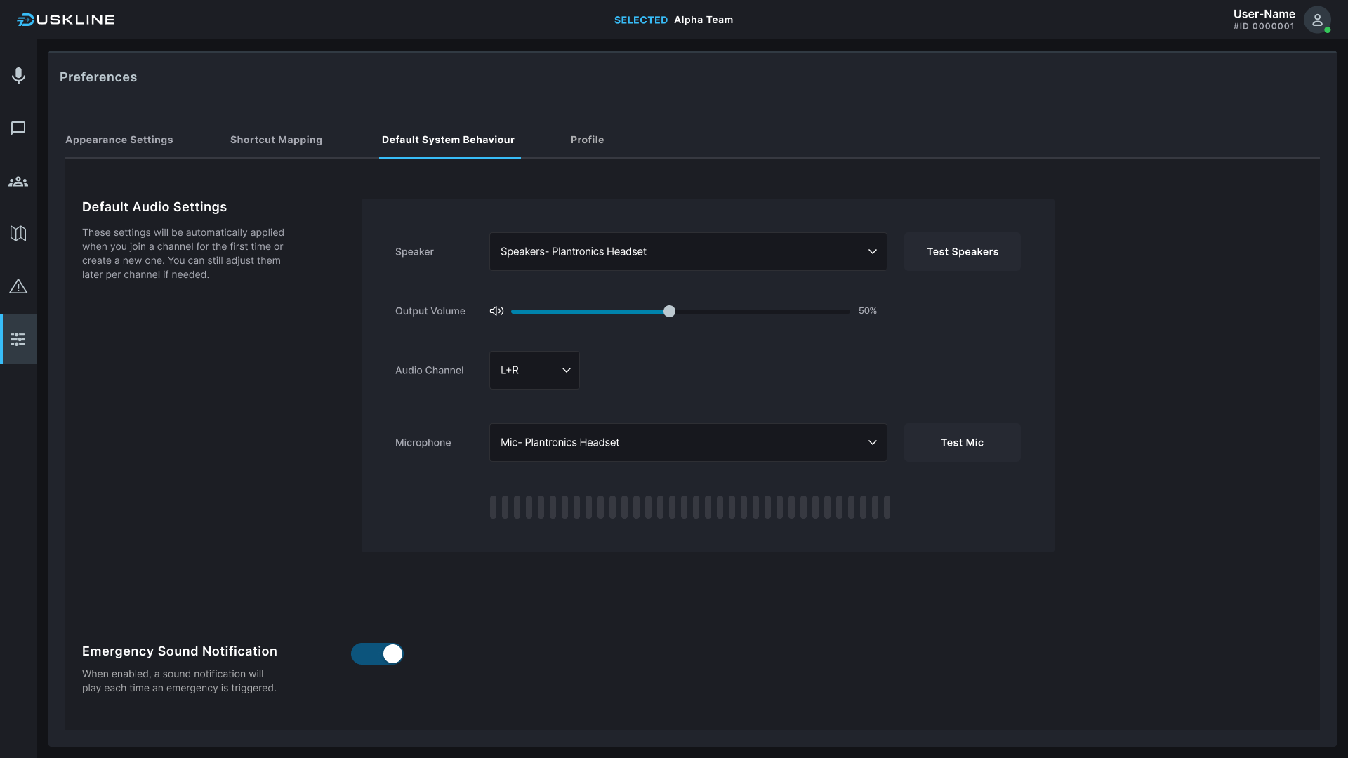 Audio preferences, with default routing, input and output device selection, and an emergency sound notification toggle.