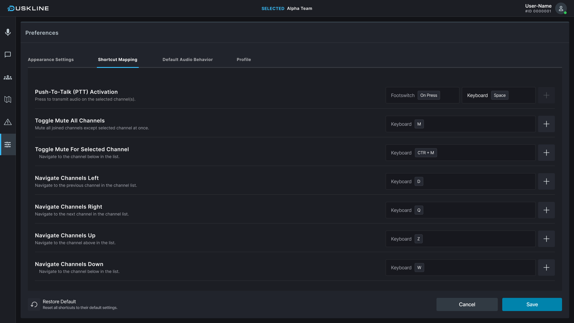 Keyboard shortcut preferences, with bindings for push-to-talk activation, toggling mute on all channels, and navigating between channels.